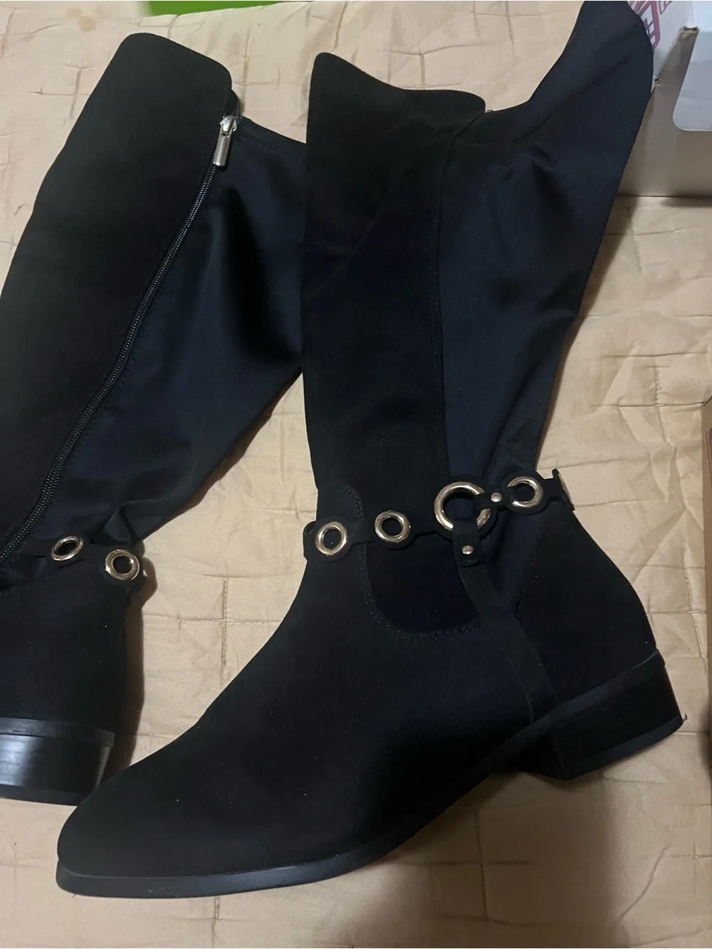 Black Suede Over-the-Knee Boots with Gold Ring Detail